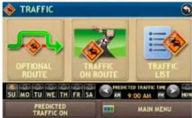 TRAFFIC OPTIONAL ROUTE TRAFFIC ON ROUTE TRAFFIC LIST PREDICTED TRAFFIC ON MAIN MENU