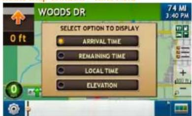 WOODS DR SELECT OPTION TO DISPLAY ARRIVAL TIME REMAINING TIME LOCAL TIME ELEVATION 74 MI 3:40 PM