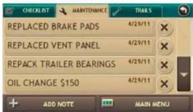 REPLACED BRAKE PADS 4/29/11 REPLACED VENT PANEL 4/29/11 REPACK TRAILER BEARINGS 4/29/11 OIL CHANGE $150 4/29/11 ADD NOTE MAIN MENU