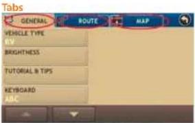 Tabs GENERAL ROUTE MAP VEHICLE TYPE RV BRIGHTNESS TUTORIAL & TIPS KEYBOARD ABC