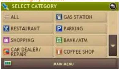 SELECT CATEGORY ALL GAS STATION RESTAURANT PARKING SHOPPING BANK/ATM CAR DEALER/ REPAIR COFFEE SHOP MAIN MENU