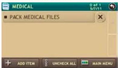 MEDICAL 0 of 1 5/7/11 ■ PACK MEDICAL FILES ADD ITEM CDO UNCHECK ALL MAIN MENU