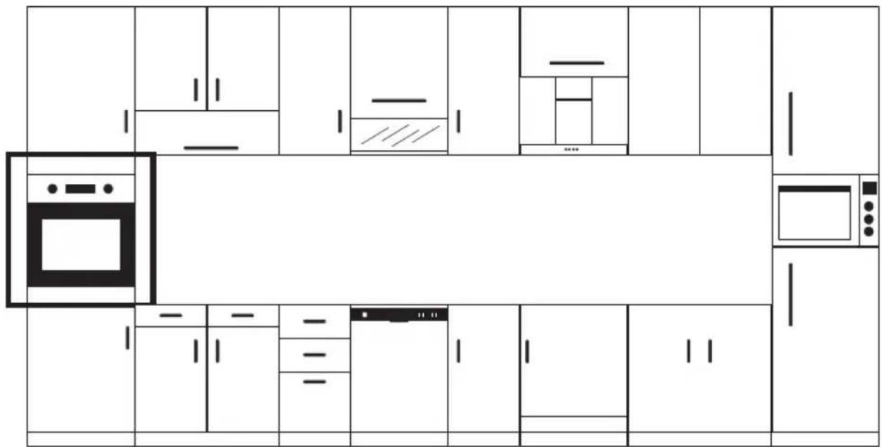 Architectural floor plan of a kitchen with labeled cabinets, ovens, and appliances