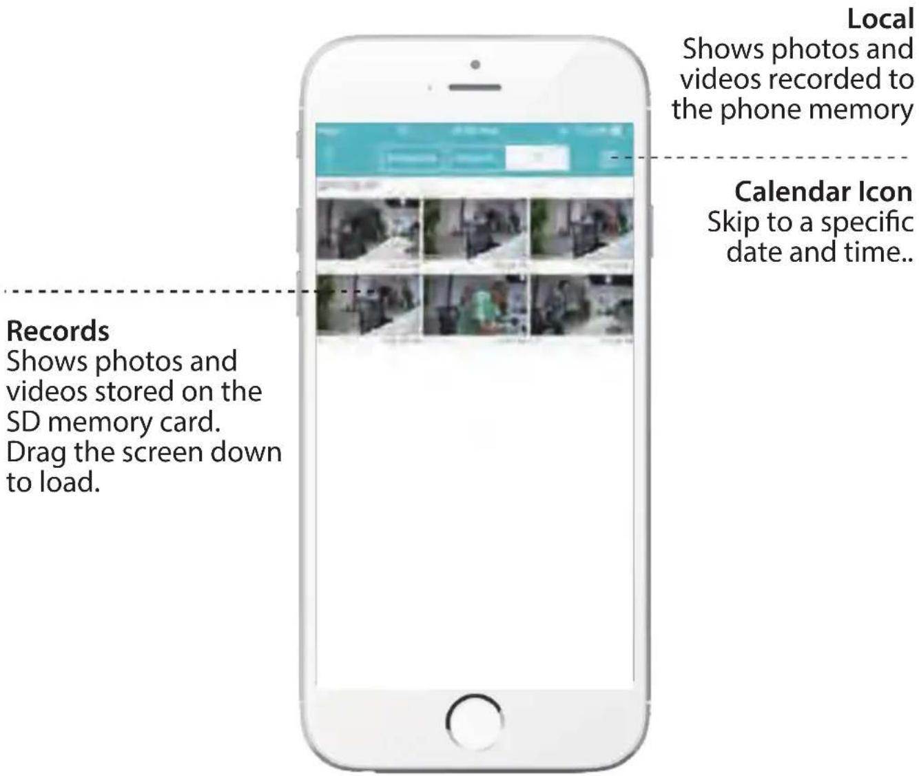 Local Shows photos and videos recorded to the phone memory Calendar Icon Skip to a specific date and time.. Records Shows photos and videos stored on the SD memory card. Drag the screen down to load.