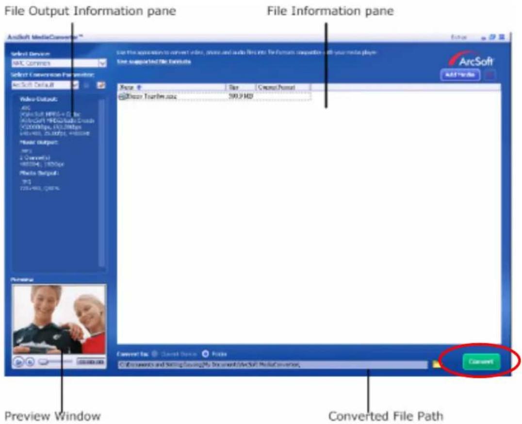 File Output Information pane File Information pane ArcSoft MediaConverter Select Devices MFC Comms Select Conversion Parameters: ArcSoft Delta.B Video Output: ABC VideoBus MPBS+0.1pc ArcSoft MFCAudio Drive VCX000bps, 142.8bps VH/WR, 25.0GHz, 465Hz Music Output: 375 2 Convert(s) 180.0Hz, 180bps Photo Output: 375 735.4Hz, 735Hz. Preview Window Convert Inc Cancel Devio Paste C:\Documents and Setting\Drawing\My Documents\ArcSoft MediaConverter. Converted Convert