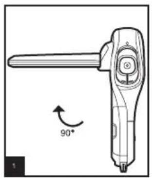 Technical line drawing of a handheld device with a 90-degree rotation indicator (no text or symbols)