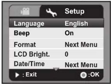 Setup Language English Beep On Format Next Menu LCD Bright. 0 Date/Time Next Menu : Exit :OK