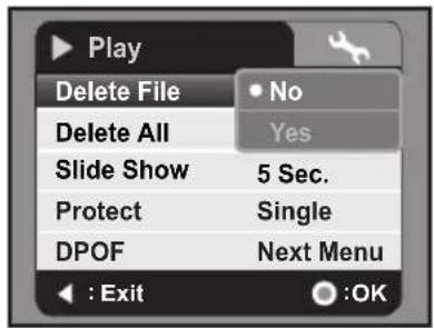 Play Delete File Delete All Slide Show 5 Sec. Protect Single DPOF Next Menu : Exit OK