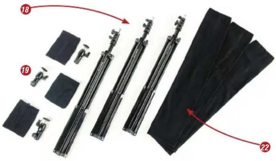 Diagram showing assembly steps of a black fabric or cable device with numbered parts and directional arrows indicating sequence.
