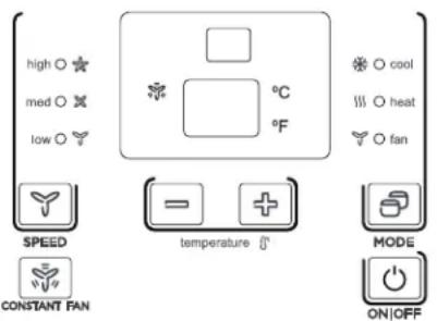 high ○ med ○ low ○ SPEED CONSTANT FAN temperature °C °F cool heat fan MODE ON/OFF