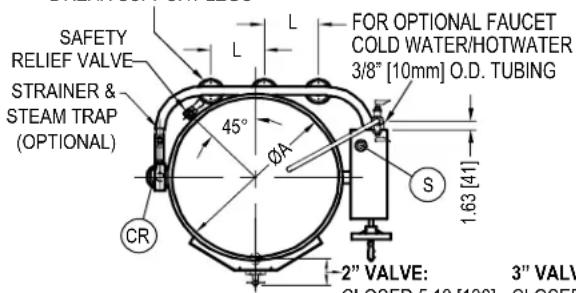 SAFETY RELIEF VALVE STRainer & STEAM TRAP (OPTIONAL) 45° ØA FOR OPTIONAL FAUCET COLD WATER/HOTWATER 3/8" [10mm] O.D. TUBING S 1.63 [41] 2" VALVE: CLOSED 5.12 [120] 3" VALVE CLOSED