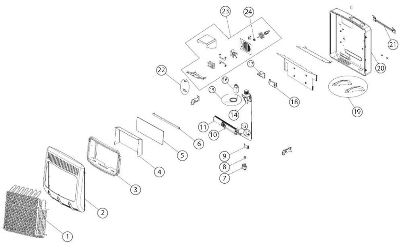 Exploded view diagram of a refrigerator with numbered parts for identification
