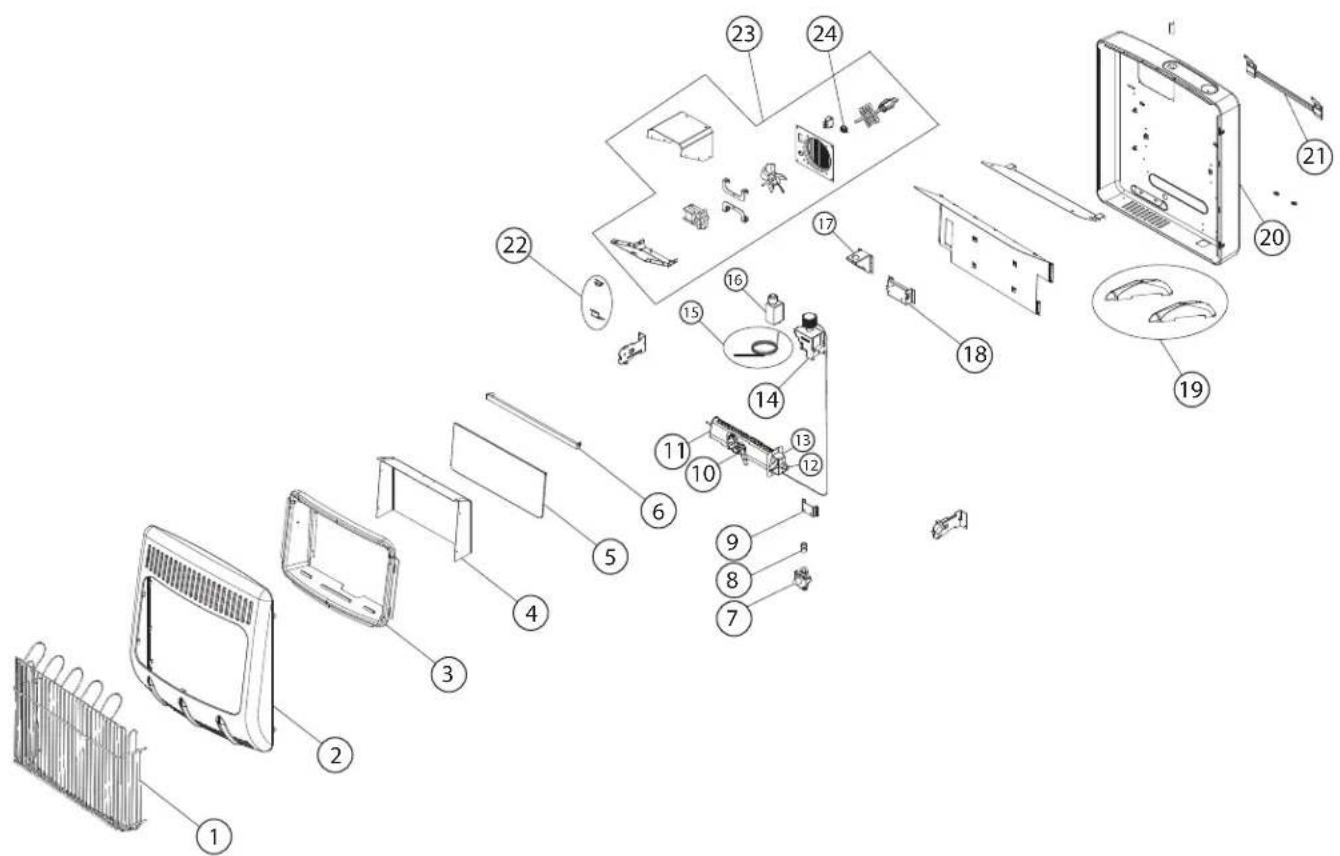 Exploded view diagram of a refrigerator with numbered parts for identification