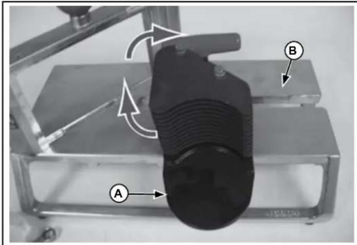 Diagram of a mechanical device with labeled parts A and B, showing motion arrows and structural components.