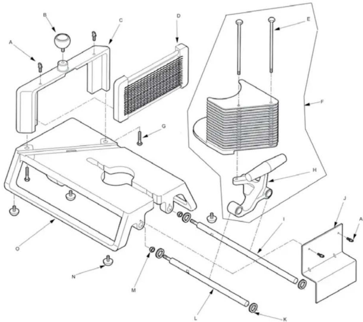 Technical diagram of a refrigerator internal components with labeled parts A through K