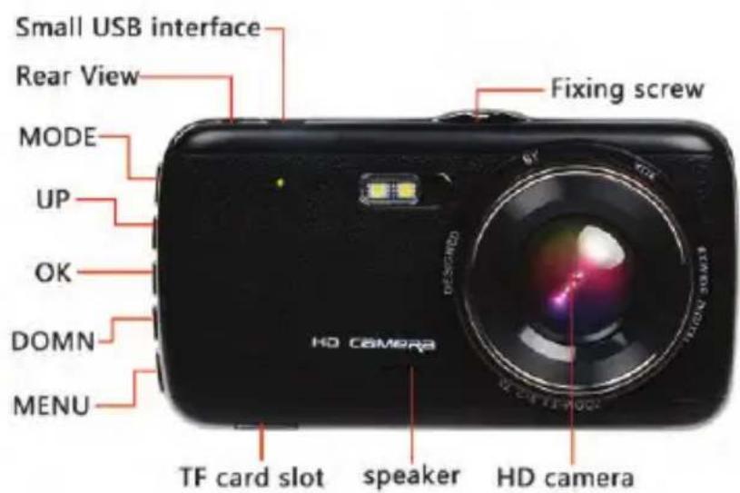 Small USB interface Rear View MODE UP OK DOMN MENU Fixing screw TF card slot speaker HD camera