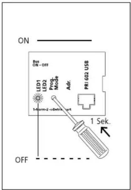 ON Bus ON - OFF LED1 LED2 Prog- Mode Adr. PRI 602 USB 1-Norm-2 ->8atrik port 1 Sek. OFF