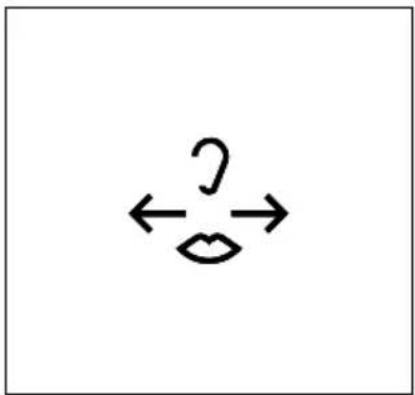 Simple diagram with arrows and symbols including a question mark and lips, likely indicating direction or relationship.