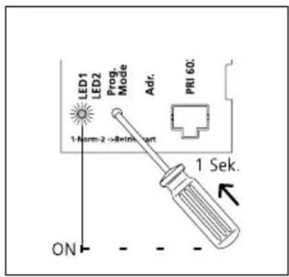 LED1 LED2 Prog. Mode Adr. PRI 60: 1-Norm-2 ->Retin-part 1 Sek. ON