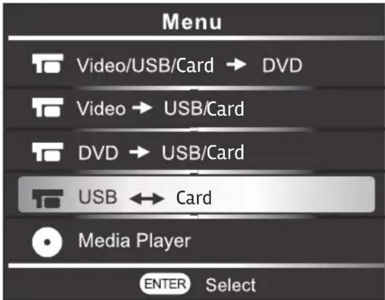 Menu Video/USB/Card → DVD Video → USB/Card DVD → USB/Card USB ↔ Card Media Player ENTER Select