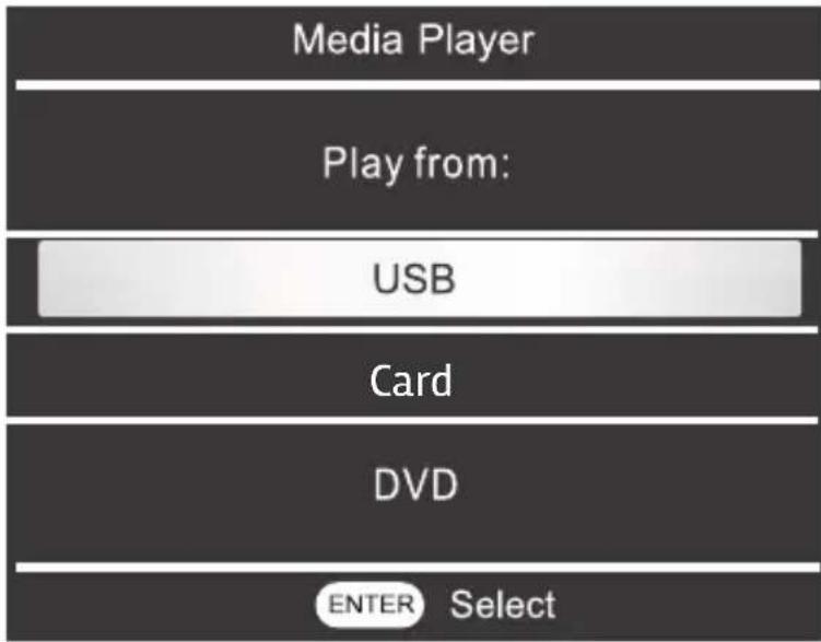 Media Player Play from: USB Card DVD ENTER Select