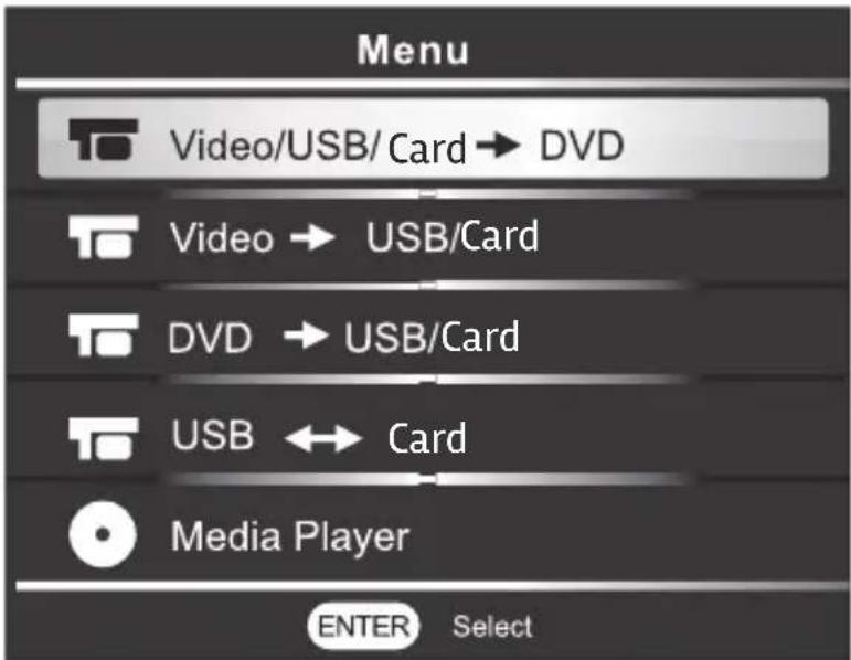 Menu Video/USB/ Card → DVD Video → USB/Card DVD → USB/Card USB ↔ Card Media Player ENTER Select