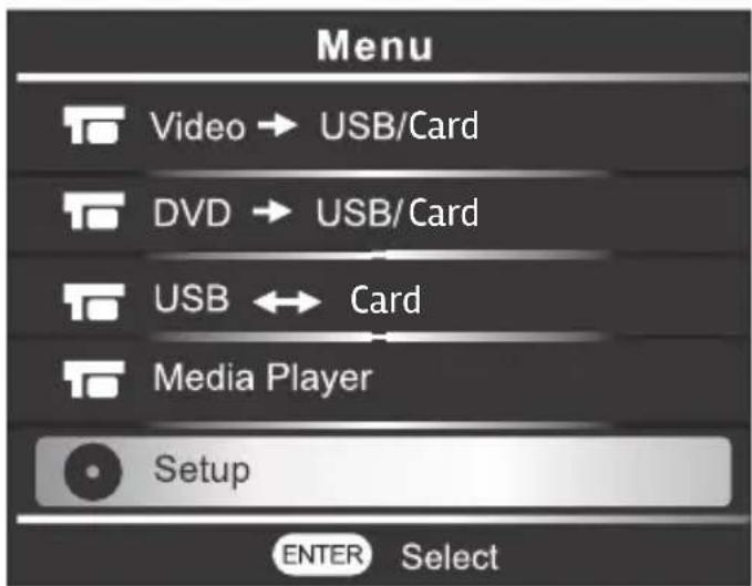 Menu Video → USB/Card DVD → USB/Card USB ↔ Card Media Player Setup ENTER Select