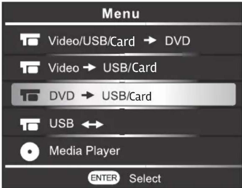 Menu Video/USB/Card → DVD Video → USB/Card DVD → USB/Card USB ← Media Player ENTER Select