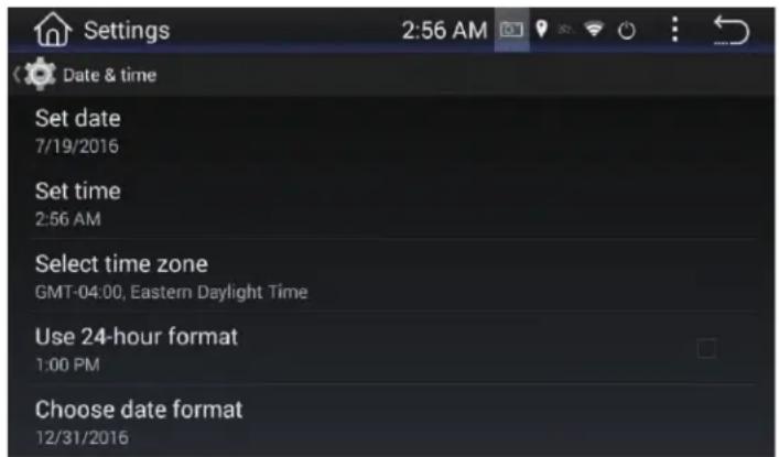 Settings 2:56 AM Date & time Set date 7/19/2016 Set time 2:56 AM Select time zone GMT-04:00, Eastern Daylight Time Use 24-hour format 1:00 PM Choose date format 12/31/2016