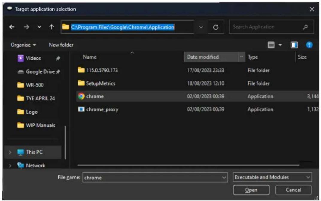 Target application selection C:\Program Files\Google\Chrome\Application Organise New folder Videos Google Drive WR-500 TYE APRIL 24 Logo WIP Manuals This PC Network Name Data modified Type Size 115.0.5790.173 17/08/2023 23:33 File folder SetupMetrics 18/08/2023 12:10 File folder chrome 02/08/2023 00…
