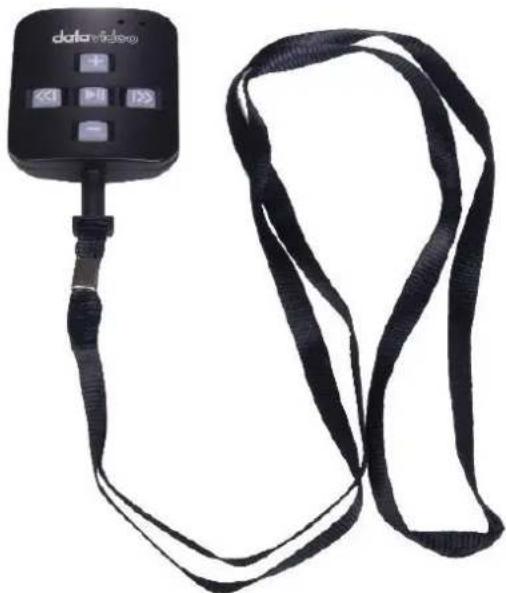 Black handheld device with black strap and control buttons, no visible text or symbols on the device itself.