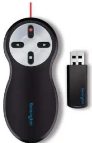 Exterior view of a black and white remote control device with a USB port, next to a separate USB flash drive (no text or symbols visible on the device body beyond branding)