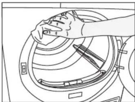 Line drawing of hands cleaning a washing machine drum, no text or symbols.