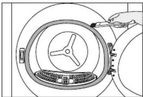 Diagram of a hand using a tool to adjust or install a circular component with a three-blade knob.