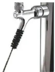 Close-up of a metallic faucet with black and white tubing (no text or symbols visible)