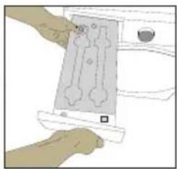 Illustration of a hand holding a device with a screen showing four stylized icons (no text or symbols present)