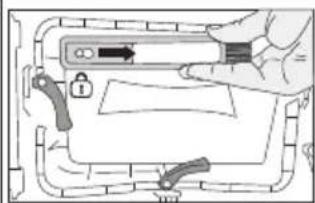 Diagram showing a hand holding a device with a lock and directional arrow, likely illustrating a mechanical or electrical component.