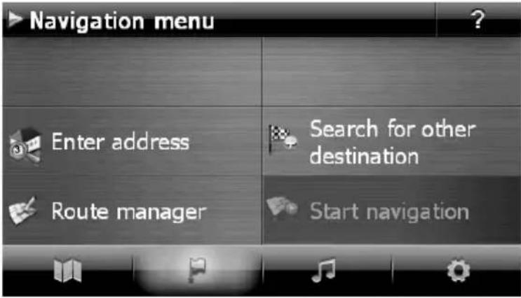 Navigation menu Enter address Route manager Search for other destination Start navigation