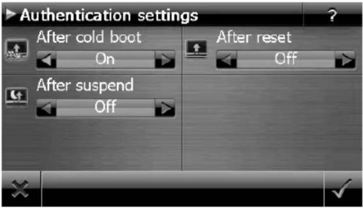 Authentication settings After cold boot On After suspend Off After reset Off