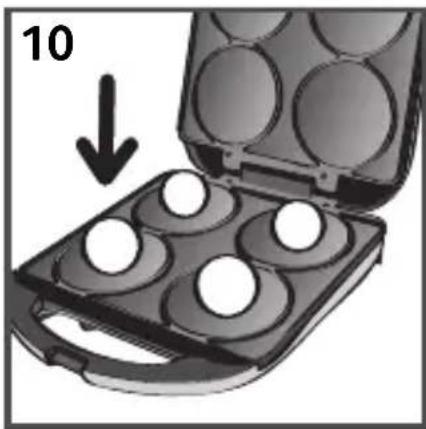 Illustration of a waffle grill with six circular cavities and an open tray, showing a downward arrow (no text or symbols)