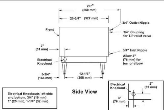 26" (660 mm) 20-3/4" (527 mm) 3/4" Outlet Nipple 3/4" Coupling for T/P relief valve 3/4" Inlet Nipple Allow 3" (76 mm) for tee or elbow Front 2" (51 mm) Electrical Knockout 5-3/4" (146 mm) 12-1/6" (308 mm) Side View Electrical Knockouts left side and bottom, 3/4" (19 mm) 1" (25 mm), 1-1/4" (32 mm). Electrical Knockout 2" (51 mm) 3" (76 mm)