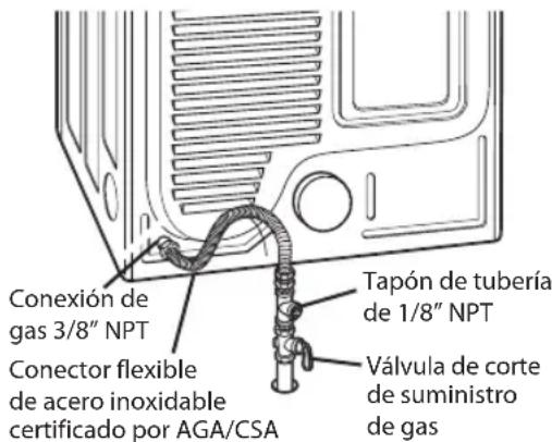 Conexión de gas 3/8" NPT Conector flexible de acero inoxidable certificado por AGA/CSA Tapón de tubería de 1/8" NPT Válvula de corte de suministro de gas