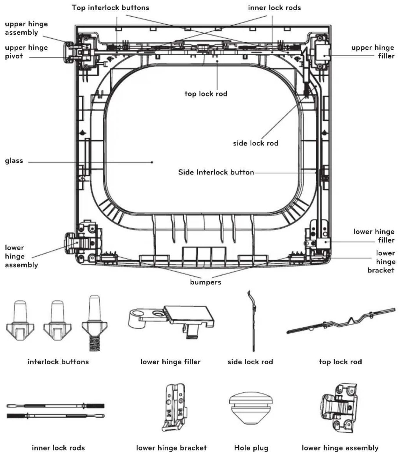 Top interlock buttons inner lock rods upper hinge assembly upper hinge pivot top lock rod upper hinge filler glass side lock rod Side Interlock button lower hinge filler lower hinge bracket lower hinge assembly bumpers interlock buttons lower hinge filler side lock rod top lock rod inner lock rods lower hinge bracket Hole plug lower hinge assembly