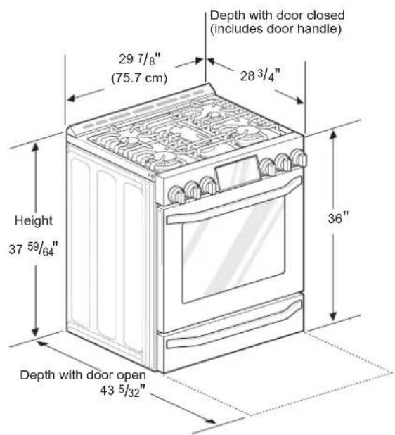 Depth with door closed (includes door handle) 29 7/8" (75.7 cm) 28 3/4" Height 37 59/64" Depth with door open 43 5/32"