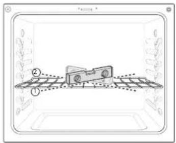 Diagram showing a device inside a container with labeled parts and dotted lines indicating alignment or measurement.