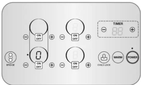 ON OFF BRIDGE ON OFF ON OFF TIMER 88 + - - - - - ON OFF CHILD LOCK WARM POWER