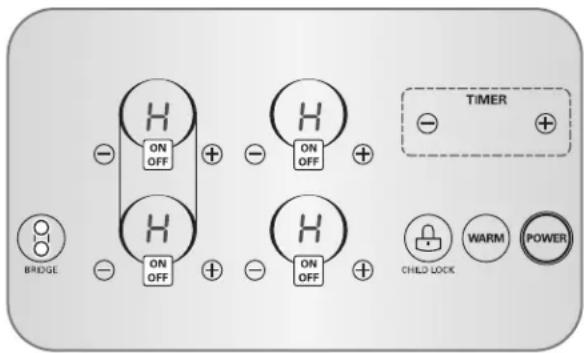 BRIDGE ON OFF + - ON OFF + - ON OFF + - TIMER CHILD LOCK WARM POWER