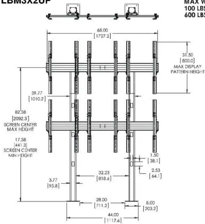 LBMSX20F MAX W 100 LBS 600 LBS 68.00 [1727.2] 31.50 [800.0] MAX DISPLAY PATTERN HEIGHT 39.77 [1010.2] 82.38 [2092.3] SCREEN CENTER MAX HEIGHT 17.38 [441.3] SCREEN CENTER MIN HEIGHT 3.77 [95.8] 32.23 [818.6] 1.50 [38.1] 2.53 [64.1] 28.00 [711.2] 8.00 [203.2] 44.00 [1117.6]