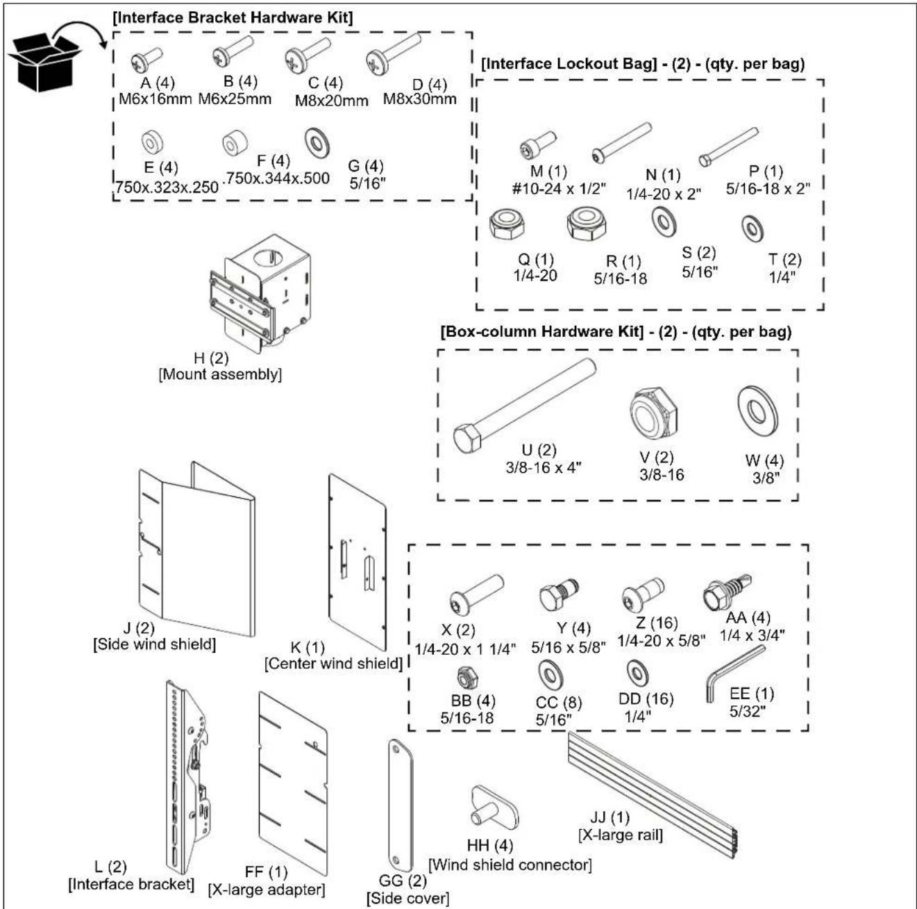 [Interface Bracket Hardware Kit] A (4) M6x16mm B (4) M6x25mm C (4) M8x20mm D (4) M8x30mm E (4) 750x.323x.250 F (4) .750x.344x.500 G (4) 5/16" [Interface Lockout Bag] - (2) - (qty. per bag) M (1) #10-24 x 1/2" N (1) 1/4-20 x 2" P (1) 5/16-18 x 2" Q (1) 1/4-20 R (1) 5/16-18 S (2) 5/16" T (2) 1/4" H (2) [Mount assembly] [Box-column Hardware Kit] - (2) - (qty. per bag) U (2) 3/8-16 x 4" V (2) 3/8-16 W (4) 3/8" J (2) [Side wind shield] K (1) [Center wind shield] X (2) 1/4-20 x 1 1/4" Y (4) 5/16 x 5/8" Z (16) 1/4-20 x 5/8" AA (4) 1/4 x 3/4" BB (4) 5/16-18 CC (8) 5/16" DD (16) 1/4" EE (1) 5/32" L (2) [Interface bracket] FF (1) [X-large adapter] GG (2) [Side cover] HH (4) [Wind shield connector] JJ (1) [X-large rail]