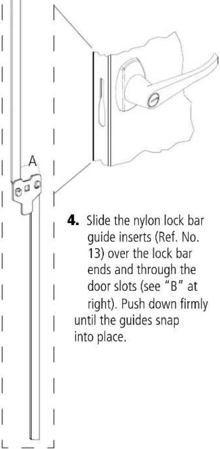 A 4. Slide the nylon lock bar guide inserts (Ref. No. 13) over the lock bar ends and through the door slots (see "B" at right). Push down firmly until the guides snap into place.